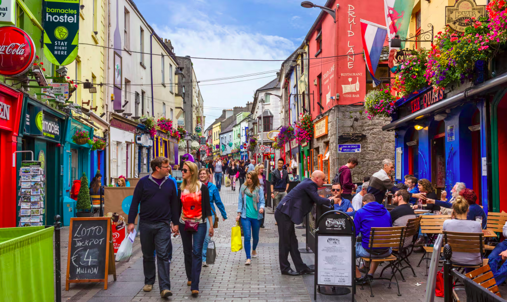 People walking down busy Quay Street in Galway